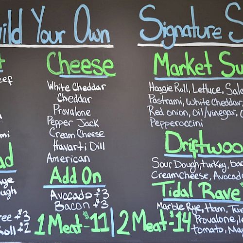 The image shows a menu board for a sandwich shop, listing meats, cheeses, bread options, and signature sandwiches, along with their respective prices.