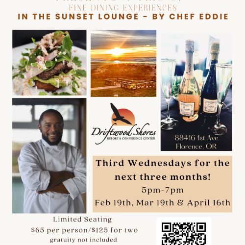 Flyer for Driftwood Shores Resort's dining events on third Wednesdays, 5-7pm. Features chef Eddie, images of food, and reservation details.