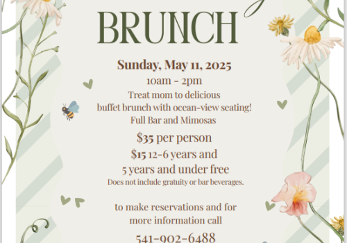 Mother's Day brunch invitation with date, time, buffet details, pricing, and contact info. Features floral design and elegant text decoration.