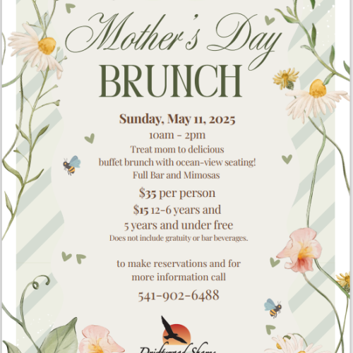 Mother's Day brunch invitation with date, time, buffet details, pricing, and contact info. Features floral design and elegant text decoration.