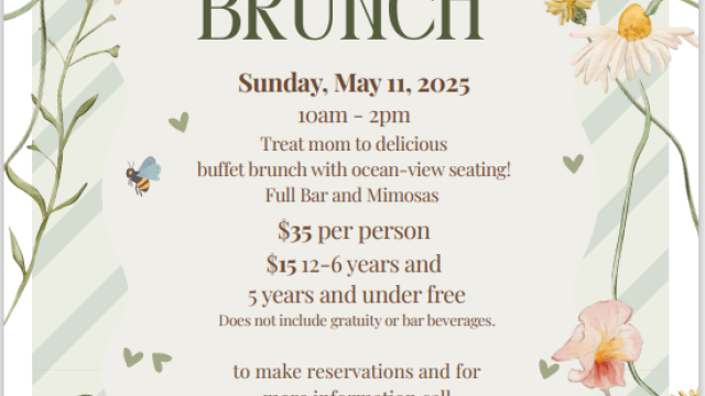 Mother's Day brunch invitation with date, time, buffet details, pricing, and contact info. Features floral design and elegant text decoration.