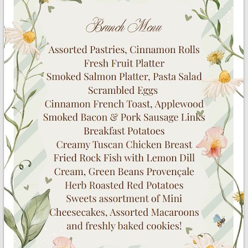 Brunch menu with pastries, rolls, fruit, smoked salmon, and more; plus macaroons and cookies on floral background.